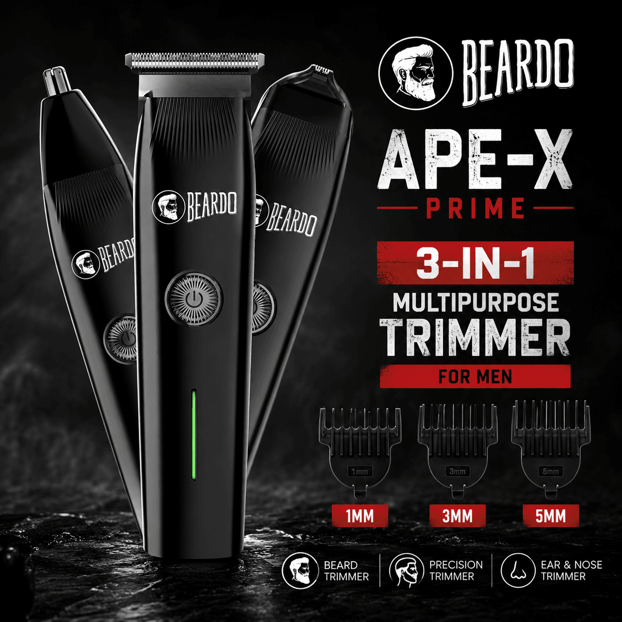 Beardo Ape-X Prime 3-in-1 Multipurpose Trimmer for Men | Grooming Kit : Beard Trimmer, Precision Trimmer, Ear & Nose Trimmer | Stainless Steel self-sharpening blades | Type C charging