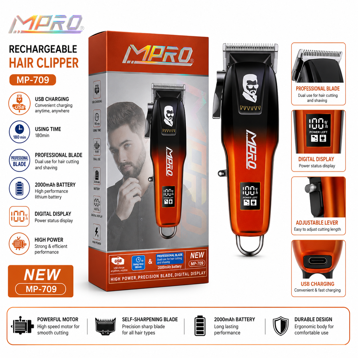 MPRO RECHARGEABLE HAIR CLIPPER MP709