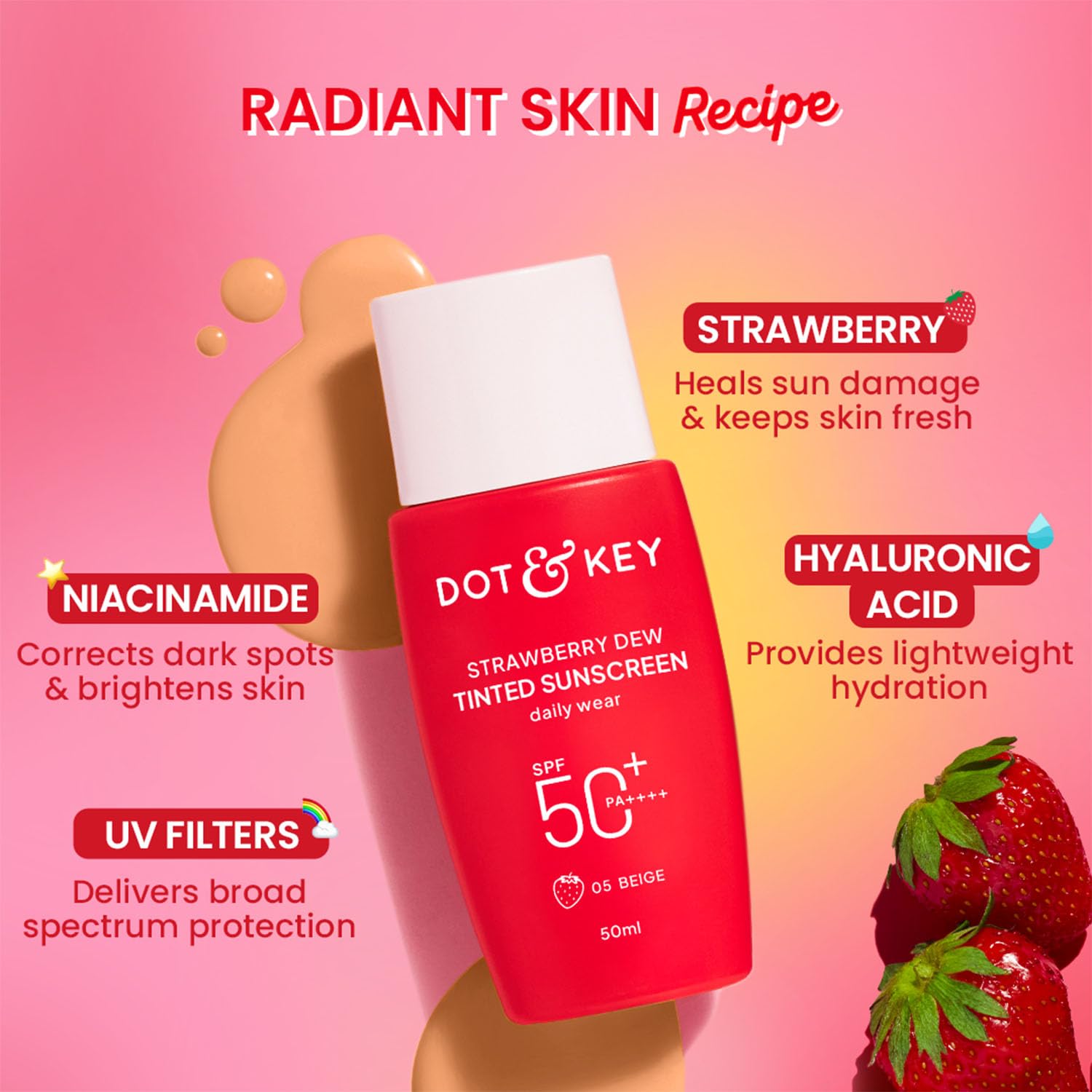 Dot & Key Strawberry Dew Tinted Sunscreen SPF 50+ Shade 03 Sand Medium