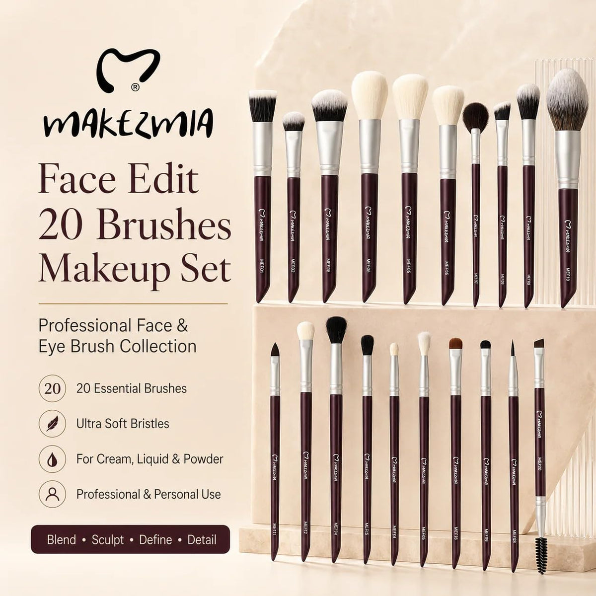 Makezmia Face Edit 20 Brushes Makeup Set
