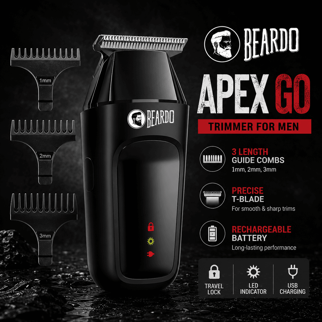 Beardo Apex Go Trimmer for Men - 80-Min Run Time - Powerful 5500 RPM motor - Compact Travel-Friendly Design - Self-Sharpening Blades, 3 Comb Attachments, Type-C Charging, Digital Display