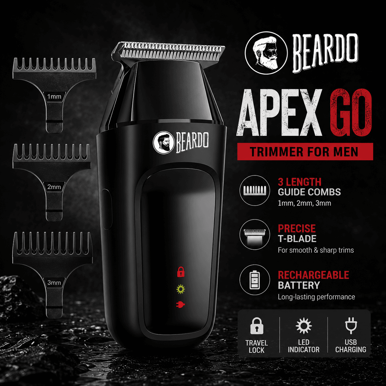 Beardo Apex Go Trimmer for Men - 80-Min Run Time - Powerful 5500 RPM motor - Compact Travel-Friendly Design - Self-Sharpening Blades, 3 Comb Attachments, Type-C Charging, Digital Display