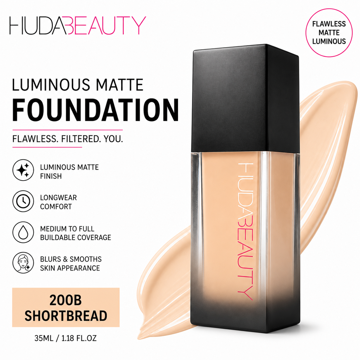 HUDA BEAUTY LUMINOUS MATTE FOUNDATION 35ML SHORTBREAD 200B