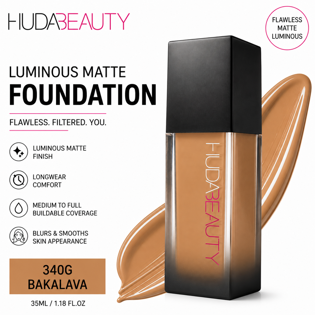 HUDA BEAUTY LUMINOUS MATTE FOUNDATION 35ML BAKALAVA 340G