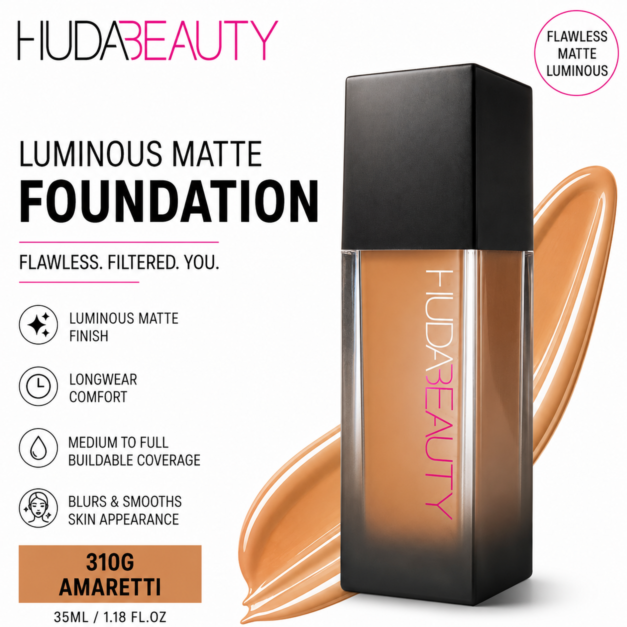 HUDA BEAUTY LUMINOUS MATTE FOUNDATION 35ML AMARETTI 310G