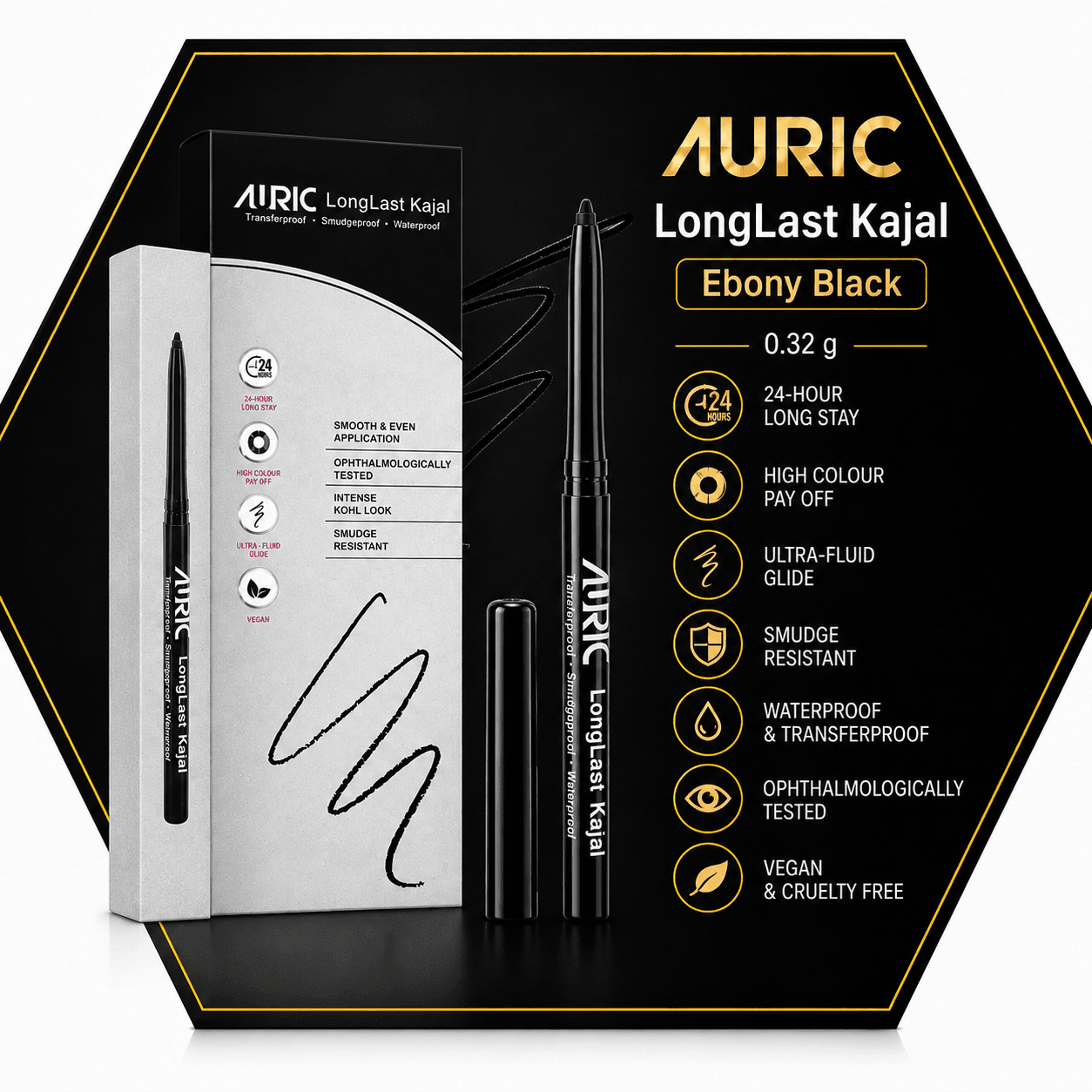 Auric LongLast Kajal, Ebony Black - 0.32 g