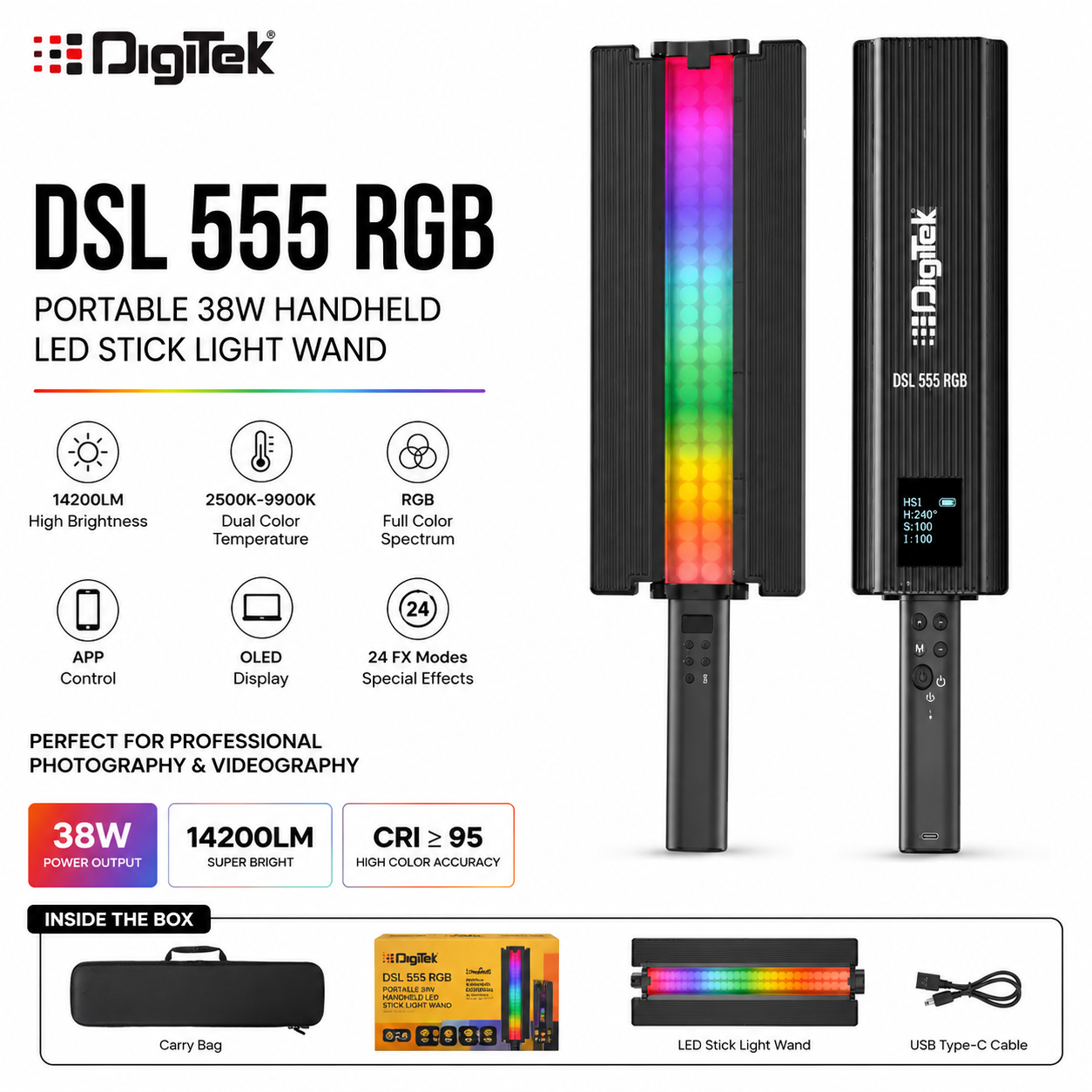 Digitek DSL 555 RGB Portable 38W Handheld LED Stick Light Wand