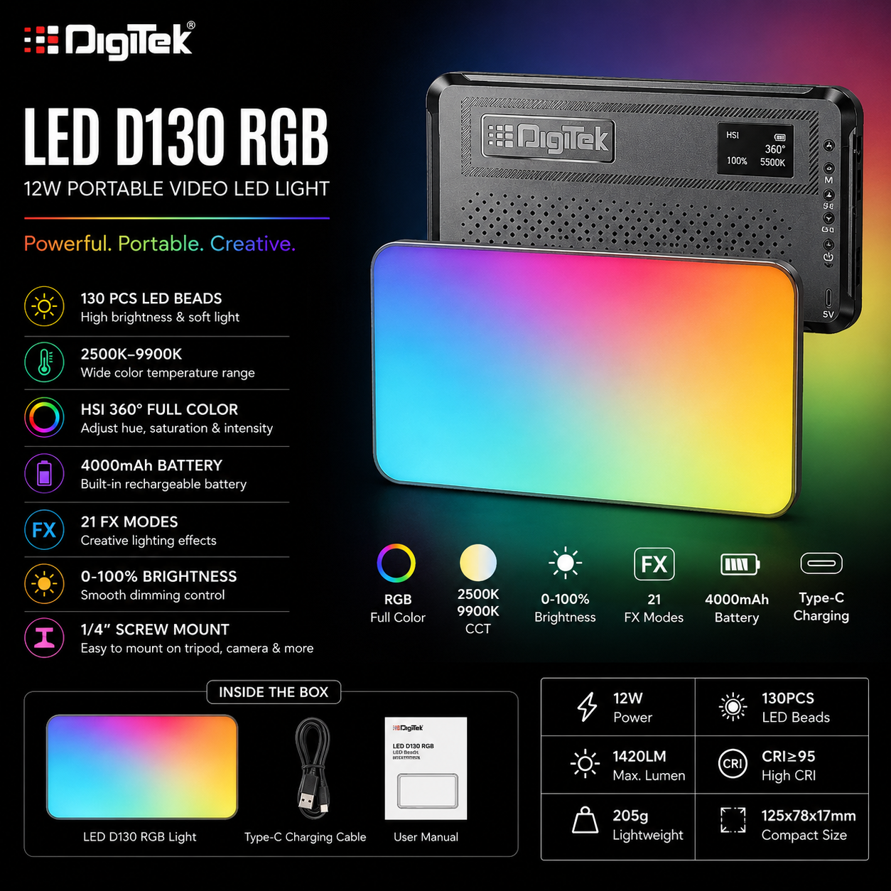 Digitek LED D130 RGB 12W Portable Video LED Light